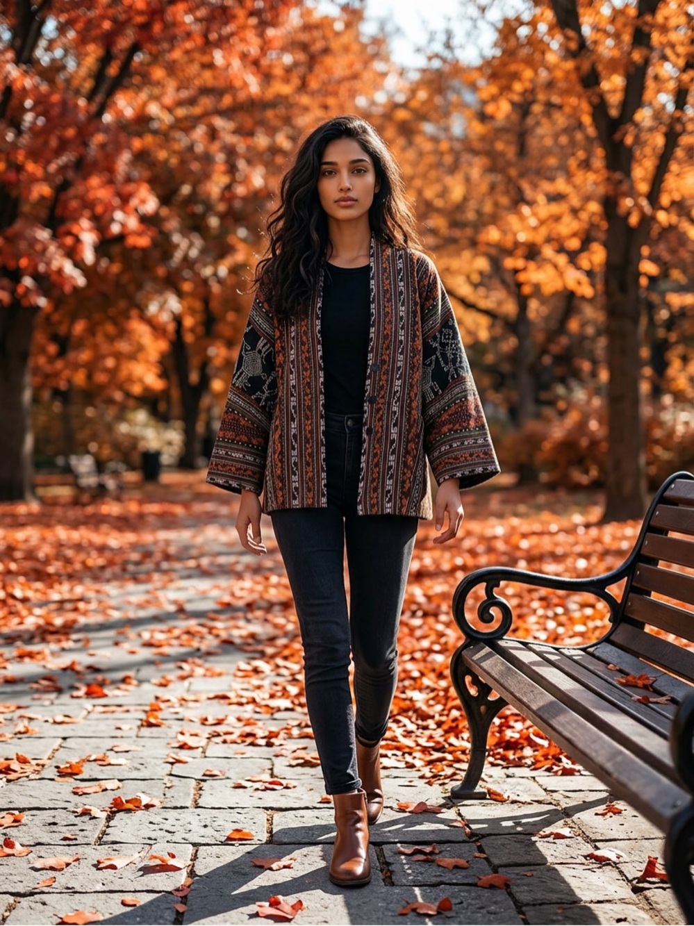 Open-Front Aztec Knit Cardigan Sweater - Rust Multi
